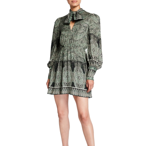 Alice + Olivia Tanisha Paisley Floral Long Sleeve with Neck Tie Green Dress 10 - Picture 1 of 16